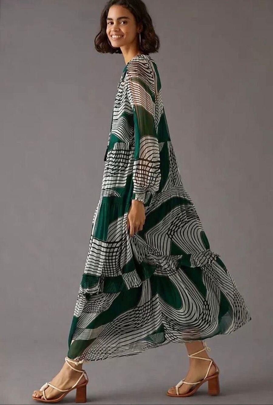 Anthropologie Marais Chiffon Maxi Dress XXSP Green Abstract Cupro Petite